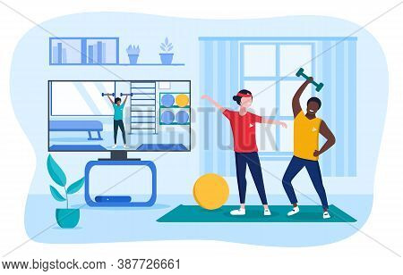 A Young Multiracial Couple Doing Morning Exercises While Watching Special Video Tutorials On The Scr