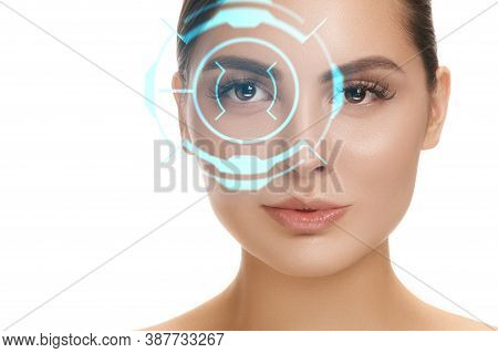 Meet The Future. Woman With Cyber Technology Eye Panel, Cyberspace Interface, Ophthalmology Concept.