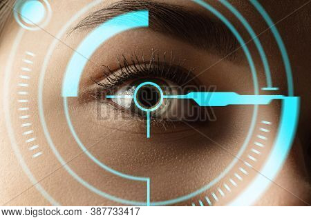 Close Up. Future Woman With Cyber Technology Eye Panel, Cyberspace Interface, Ophthalmology Concept.