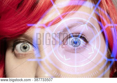 Emotional. Future Woman With Cyber Technology Eye Panel, Cyberspace Interface, Ophthalmology Concept