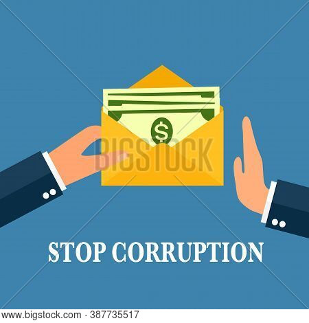 Stop Corruption Campaign Vector Illustration On Blue Background. Bribery Concept. Offer Money In Env