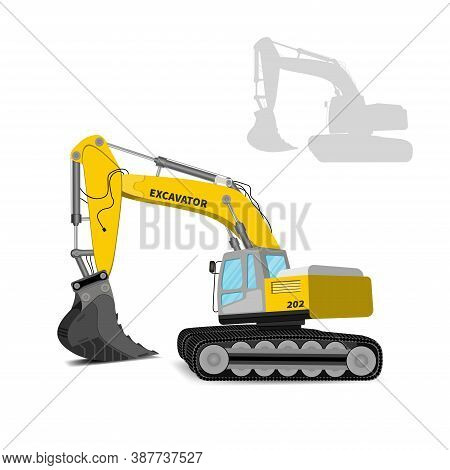 Side View Modern Yellow Powerful Excavator For Building Isolated On White Background. Vector Illustr