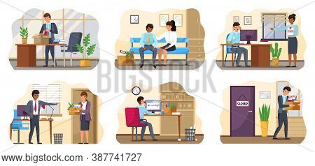 Unemployment Dismissal Of Employees. Disapointed Young Business Man Employee Leaves Office With Box 