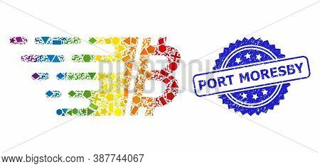 Bright Colorful Vector Bitcoin Collage For Lgbt, And Port Moresby Textured Rosette Stamp. Blue Stamp