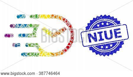 Spectrum Colored Vector Clock Mosaic For Lgbt, And Niue Unclean Rosette Stamp Seal. Blue Seal Has Ni