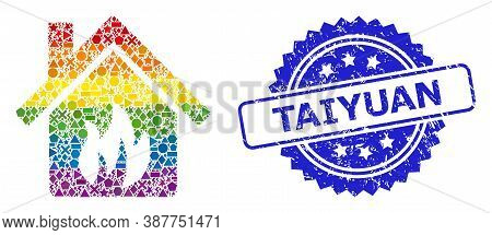 Rainbow Colored Vector Kitchen Building Mosaic For Lgbt, And Taiyuan Corroded Rosette Stamp Seal. Bl
