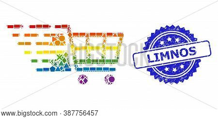 Rainbow Colored Vector Supermarket Cart Collage For Lgbt, And Limnos Rubber Rosette Stamp. Blue Stam