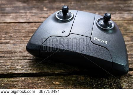 Miercurea Ciuc, Romania- 01 October 2020: Parrot Anafi Drone Sky Controller On Aged Weathered Pine W
