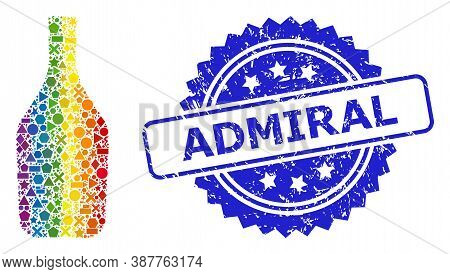 Rainbow Vibrant Vector Wine Bottle Collage For Lgbt, And Admiral Textured Rosette Stamp. Blue Stamp 