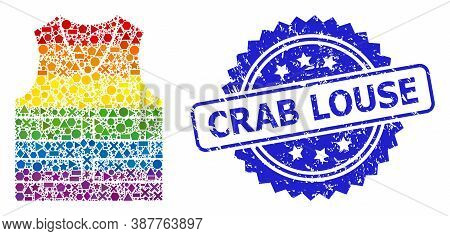 Rainbow Colored Vector Yellow Vest Collage For Lgbt, And Crab Louse Corroded Rosette Stamp Seal. Blu