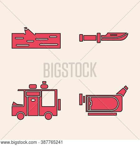Set Cinema Camera, Wooden Log, Camping Knife And Rv Camping Trailer Icon. Vector