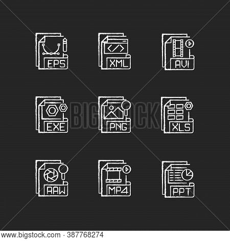 File Formats Chalk White Icons Set On Black Background. Different Types. Vector Image, Spreadsheet, 