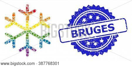 Bright Colorful Vector Snowflake Collage For Lgbt, And Bruges Corroded Rosette Stamp. Blue Stamp Inc