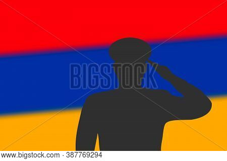 Solder Silhouette On Blur Background With Armenia Flag.