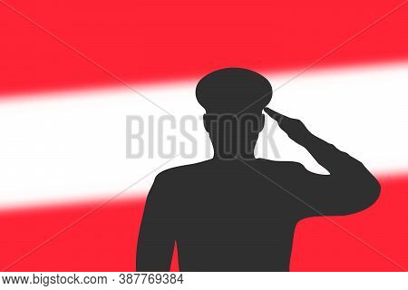 Solder Silhouette On Blur Background With Austria Flag.