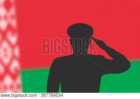 Solder Silhouette On Blur Background With Belarus Flag.