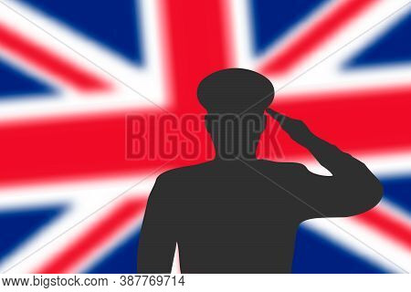 Solder Silhouette On Blur Background With Britain Flag.