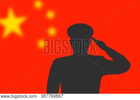 Solder Silhouette On Blur Background With China Flag.