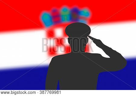 Solder Silhouette On Blur Background With Croatia Flag.