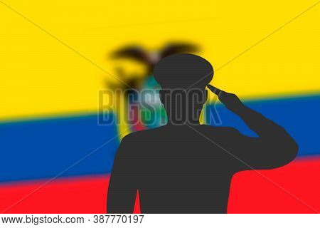 Solder Silhouette On Blur Background With Ecuador Flag.