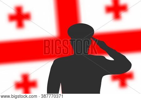 Solder Silhouette On Blur Background With Georgia Flag.