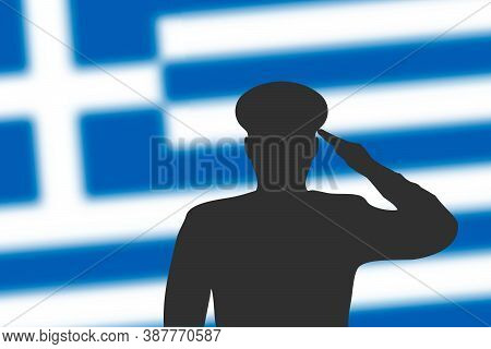 Solder Silhouette On Blur Background With Greece Flag.