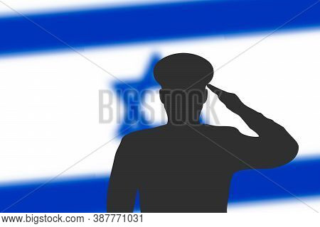 Solder Silhouette On Blur Background With Israel Flag.