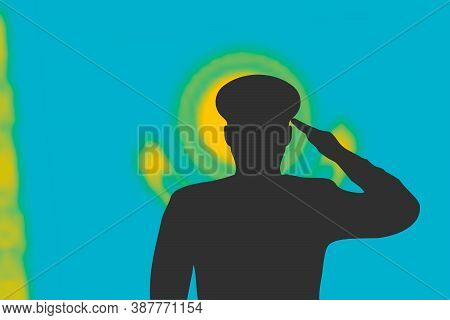 Solder Silhouette On Blur Background With Kazakhstan Flag.