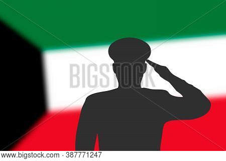 Solder Silhouette On Blur Background With Kuwait Flag.