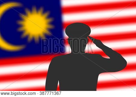 Solder Silhouette On Blur Background With Malaysia Flag.
