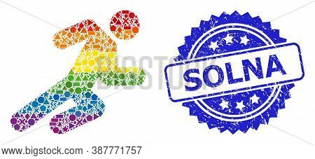 Rainbow Colored Vector Running Man Collage For Lgbt, And Solna Dirty Rosette Stamp. Blue Stamp Seal 