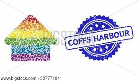 Bright Colored Vector House Collage For Lgbt, And Coffs Harbour Textured Rosette Stamp Seal. Blue St