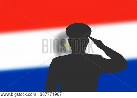 Solder Silhouette On Blur Background With Paraguay Flag.