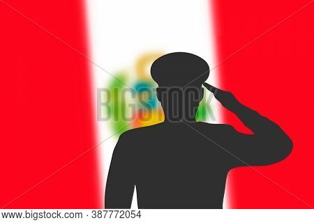 Solder Silhouette On Blur Background With Peru Flag.