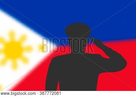 Solder Silhouette On Blur Background With Philippines Flag.