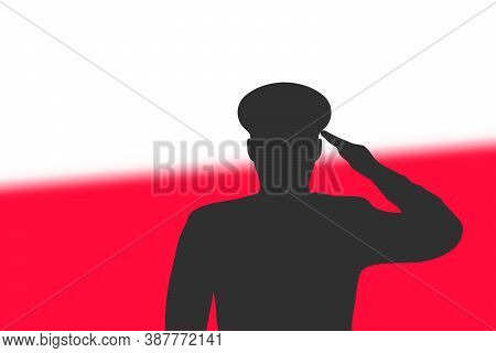 Solder Silhouette On Blur Background With Poland Flag.