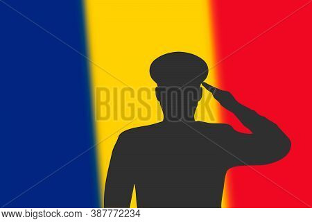 Solder Silhouette On Blur Background With Romania Flag.