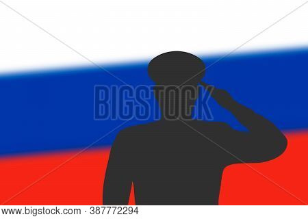 Solder Silhouette On Blur Background With Russia Flag.