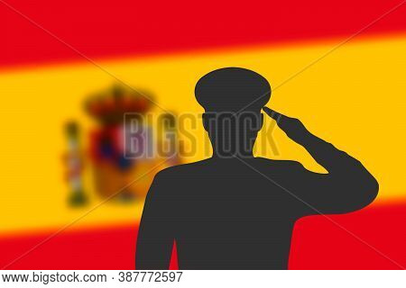 Solder Silhouette On Blur Background With Spain Flag.