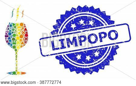 Rainbow Vibrant Vector Wine Flavour Collage For Lgbt, And Limpopo Corroded Rosette Stamp. Blue Stamp