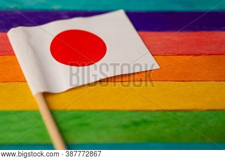 Japan Flag On Rainbow Background Symbol Of Lgbt Gay Pride Month  Social Movement Rainbow Flag Is A S