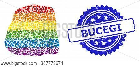 Rainbow Colorful Vector Stone Collage For Lgbt, And Bucegi Scratched Rosette Stamp. Blue Stamp Has B