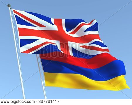 Two Waving State Flags Of United Kingdom And Armenia On The Blue Sky. High - Quality Business Backgr