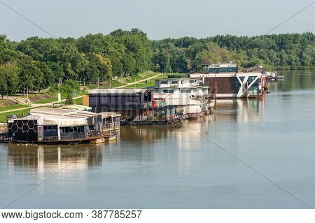 Belgrade / Serbia - June 22, 2019: River Barges Floating At The Confluence Of Rivers Sava And Danube