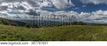 Panorama From Ridge Of Poloniny National Park In Summer Cloudy Blue Sky Day