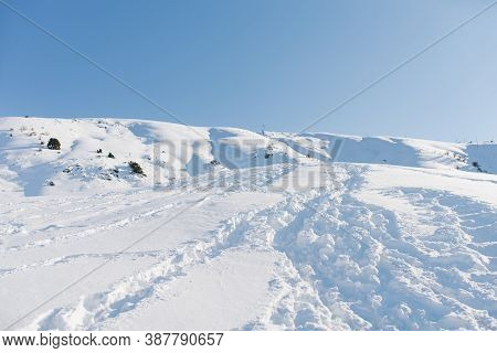 Beautiful Landscape Of Different Mountains Of Beldersay In Sunny Clear Weather With Blue Sky