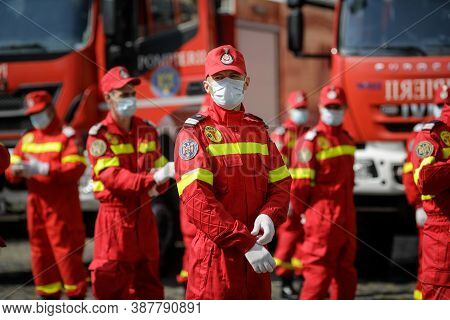 Bucharest, Romania - September 14, 2020: Romanian Firefighters Take Part At An Outdoors Event.