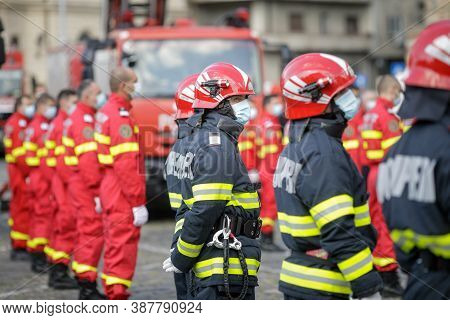 Bucharest, Romania - September 14, 2020: Romanian Firefighters Take Part At An Outdoors Event.