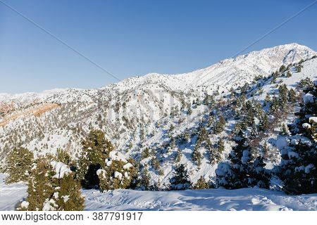 Winter Mountain Landscape From The Cable Car Of The Beldersay Ski Resort In Uzbekistan