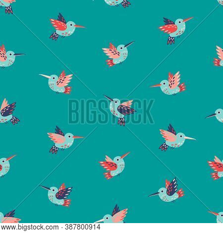 Cute Hummingbirds Seamless Vector Pattern On Teal Background. Flying Birds, Hummingbirds, Colibri On